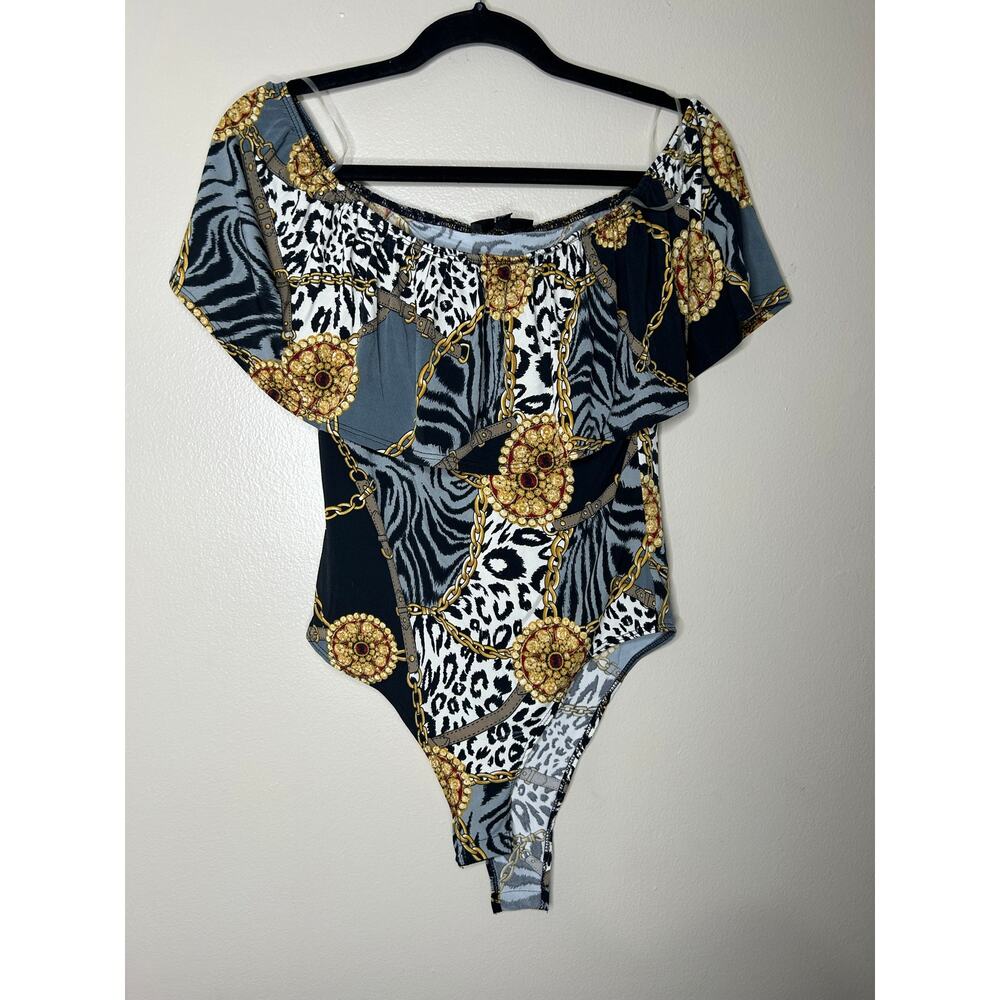 NWT Women’s Small Discovery Clothing Off Shoulder Bodysuit Animal Print Chain